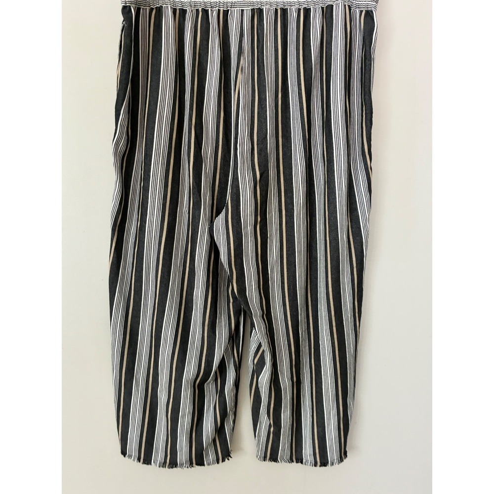 Striped Pants Women 22W Black White Tan Linen Blend Wide Leg Fringe - Picture 3 of 8